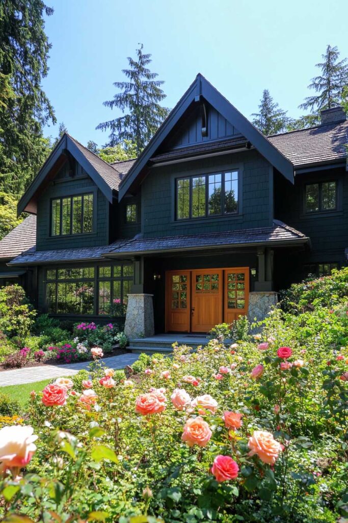 Dark green craftsman-style home with wooden double doors and pink rose garden in front.