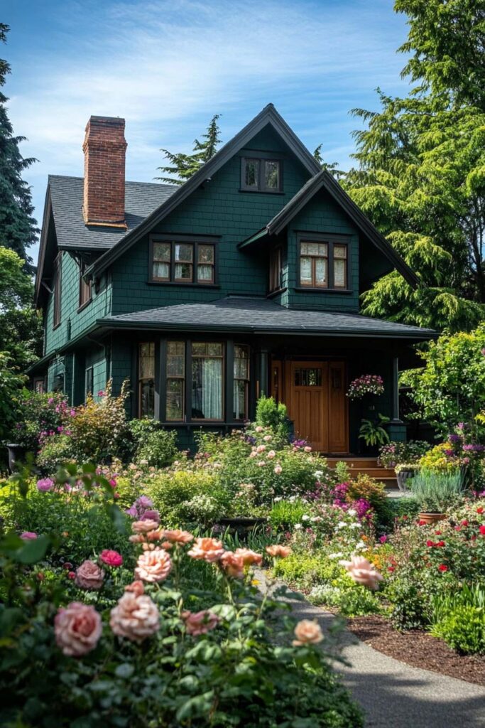 Dark green Craftsman-style house with wood front door surrounded by colorful rose garden and lush landscaping.