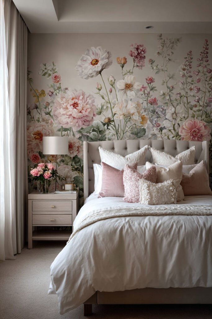 Romantic bedroom with blush and sage floral mural, soft pink pillows, and neutral bedding for an elegant feminine design.