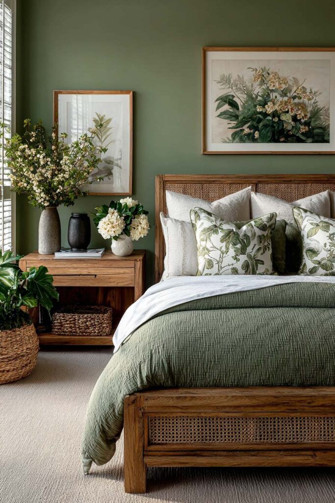 Sage green bedroom with rattan bed, wood nightstand, botanical wall art, and floral pillows for a natural tropical look.