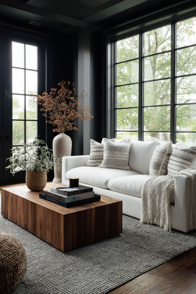 Elegant black and white living room with dark walls, large windows, a white sofa, wooden coffee table, textured rug, and neutral accent pillows.