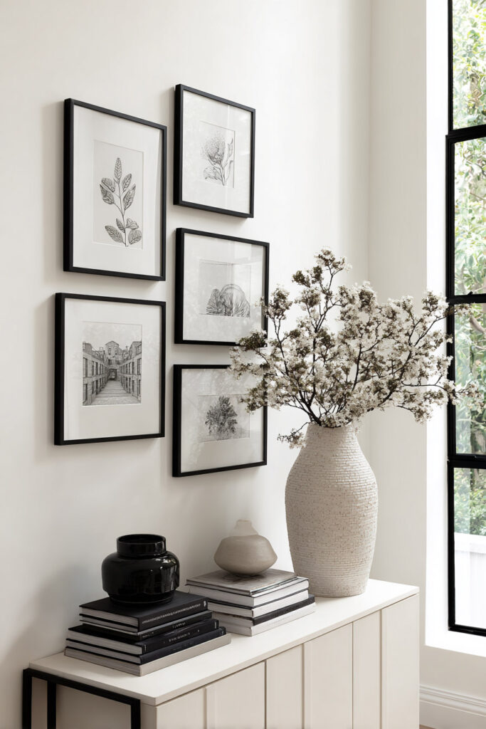 Black and white gallery wall with framed botanical sketches, stacked monochrome books, sculptural vases, and a large ceramic vase with blooming branches on a modern console.