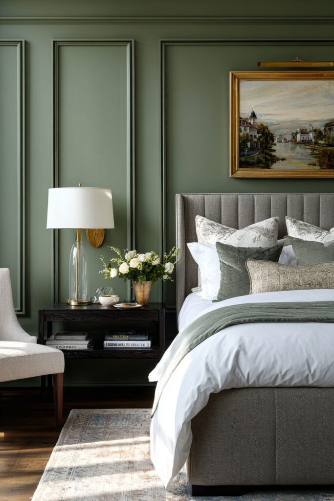 Elegant sage green bedroom with wall molding, tufted headboard, neutral bedding, and gold accents creating a sophisticated and calming space.