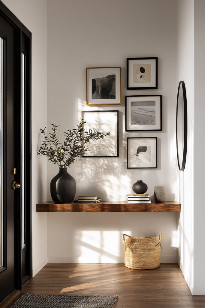 Modern entryway with a floating wooden shelf, black and neutral abstract gallery wall, black vases, and woven basket under soft natural light.
