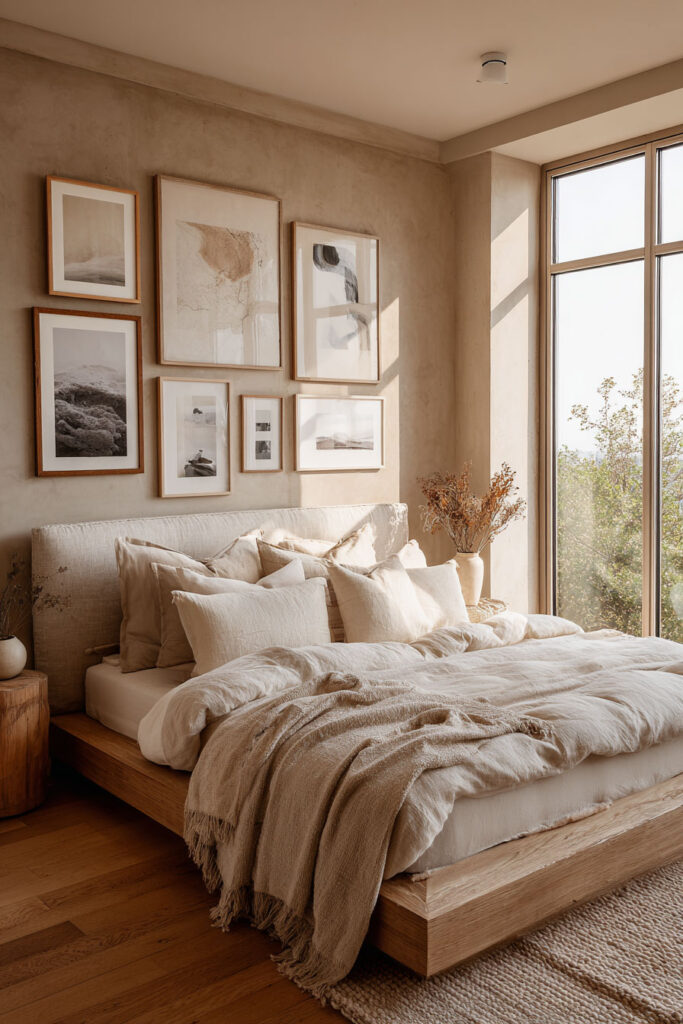 Neutral minimalist bedroom with warm wood frames, abstract art gallery wall, soft linen bedding, and natural light through large window.