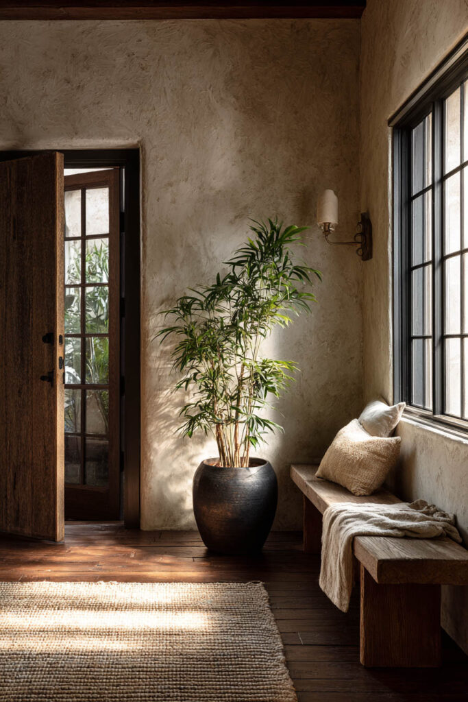 Rustic entryway with tall indoor plant in dark planter, wooden bench with neutral pillows, textured walls, and soft sunlight creating a cozy atmosphere.