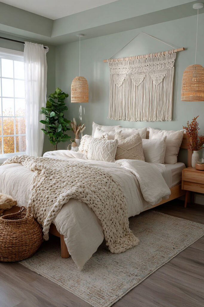 A bright sage green bedroom featuring a large macramé wall hanging above the bed, rattan pendant lights, chunky knit throw, and layered neutral bedding with soft textures.
