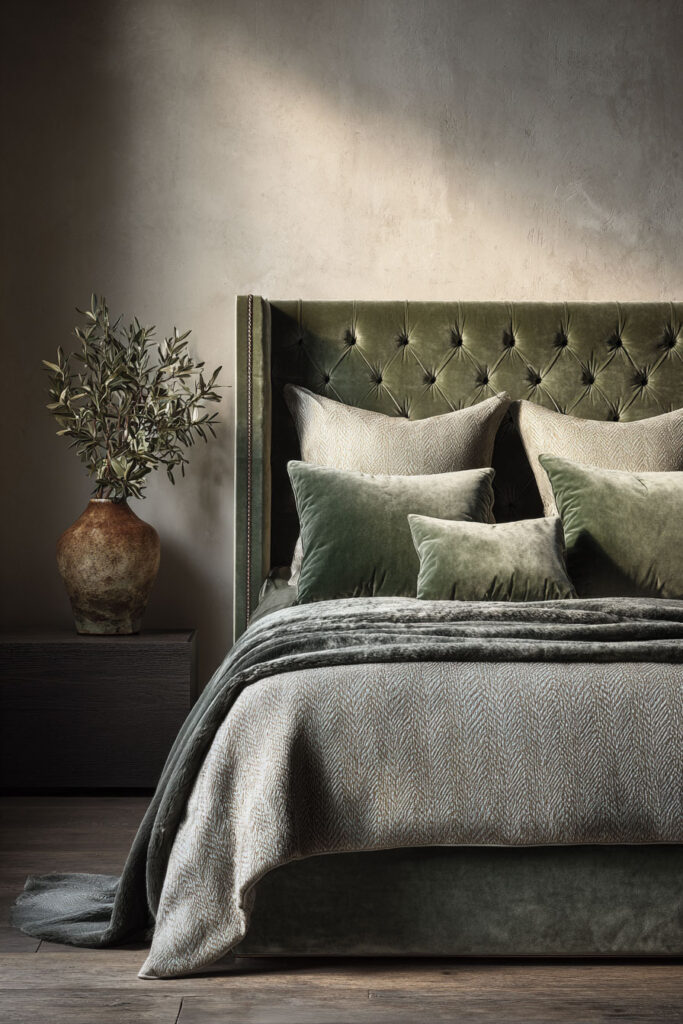 Sage green bedroom with tufted velvet headboard, layered bedding, and rustic vase with olive branches for a warm, elegant look.