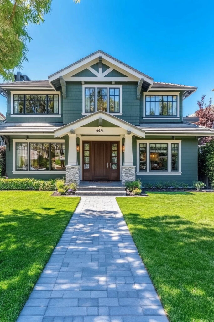 Sage green modern craftsman home with white trim, wood front door, and stone porch columns framed by a green lawn and clear blue sky.