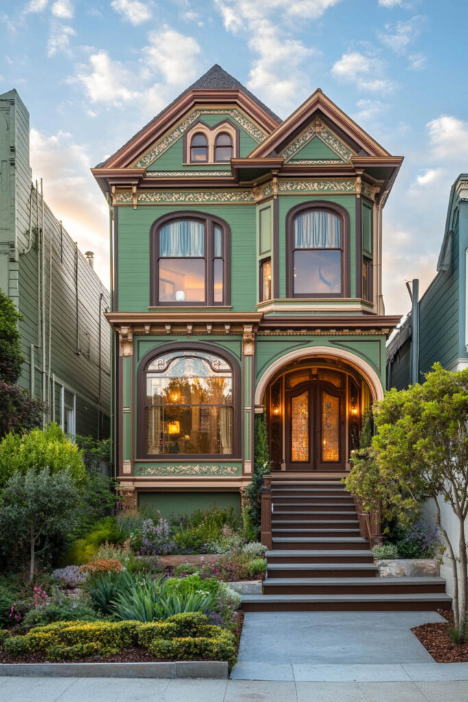 Victorian green house with gold trim, arched windows, ornate wood detailing, and landscaped garden at sunset.