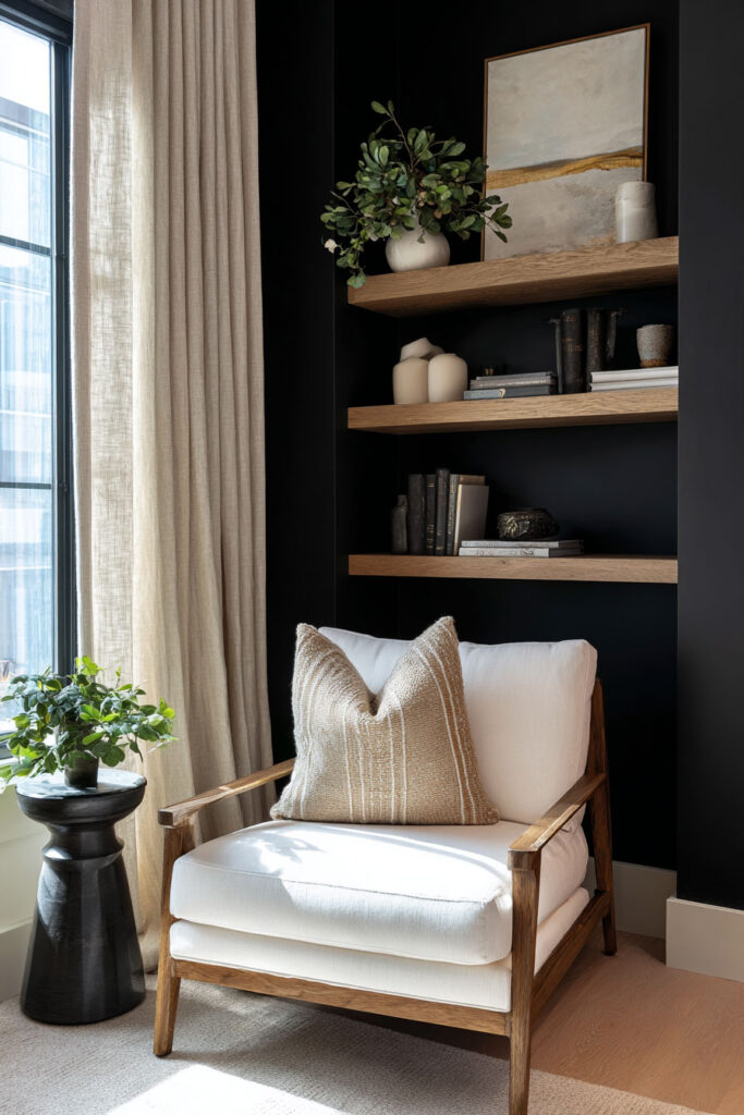Cozy black and white reading nook with wood-framed armchair, beige pillow, natural wood shelves styled with neutral ceramics and books, and soft linen curtains framing a large window.