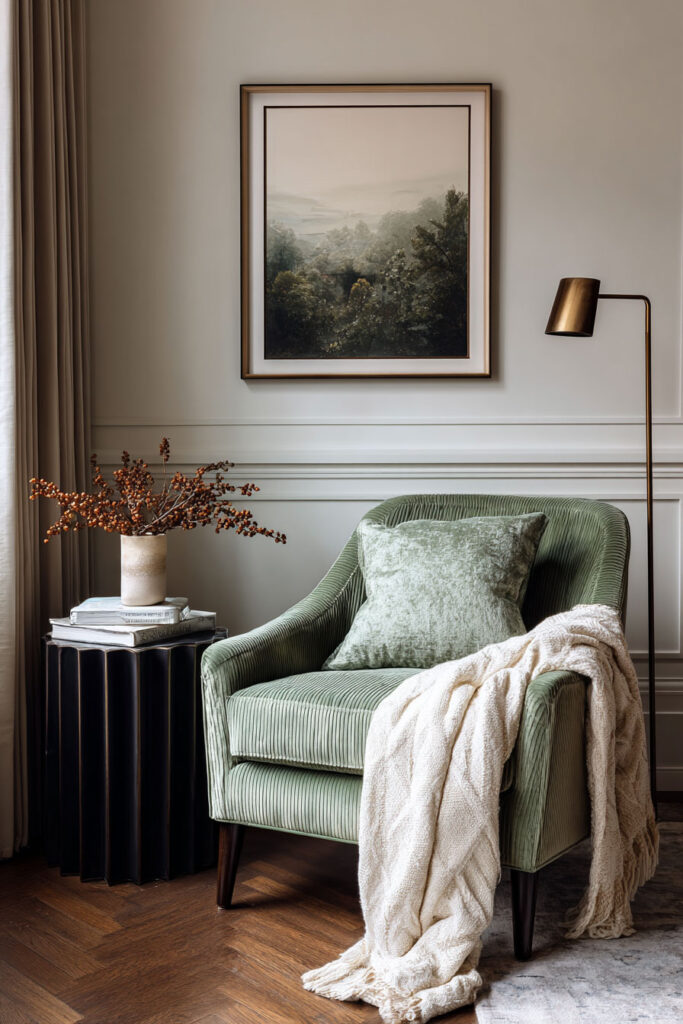 A cozy reading nook featuring a sage green accent chair, textured throw blanket, brass floor lamp, and framed nature-inspired wall art.