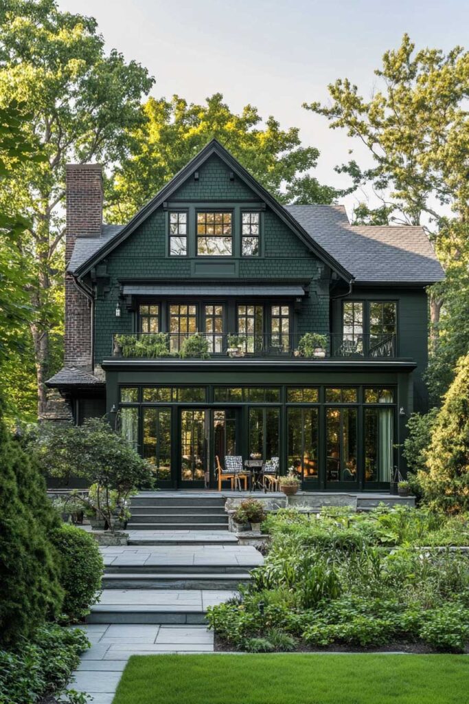 Dark green modern traditional home with large black-framed windows, stone steps, and lush garden landscaping.
