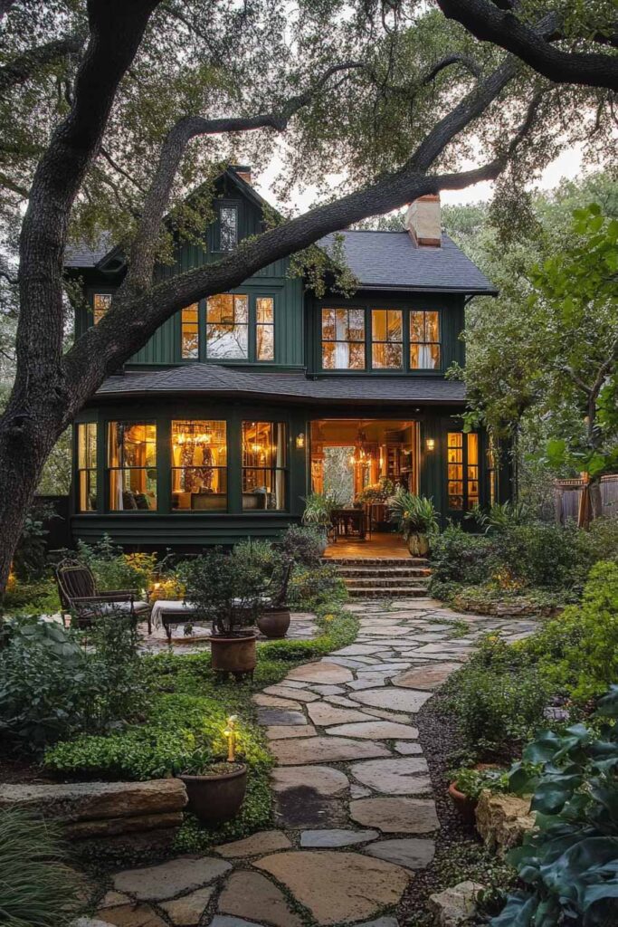 Deep green farmhouse surrounded by trees with stone path, glowing windows, and garden seating area.