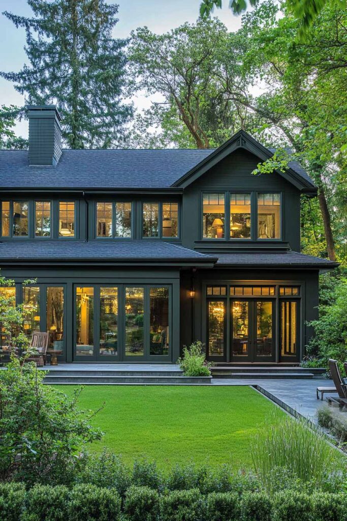 Dark green modern house with large windows, glass doors, and lush lawn surrounded by trees.