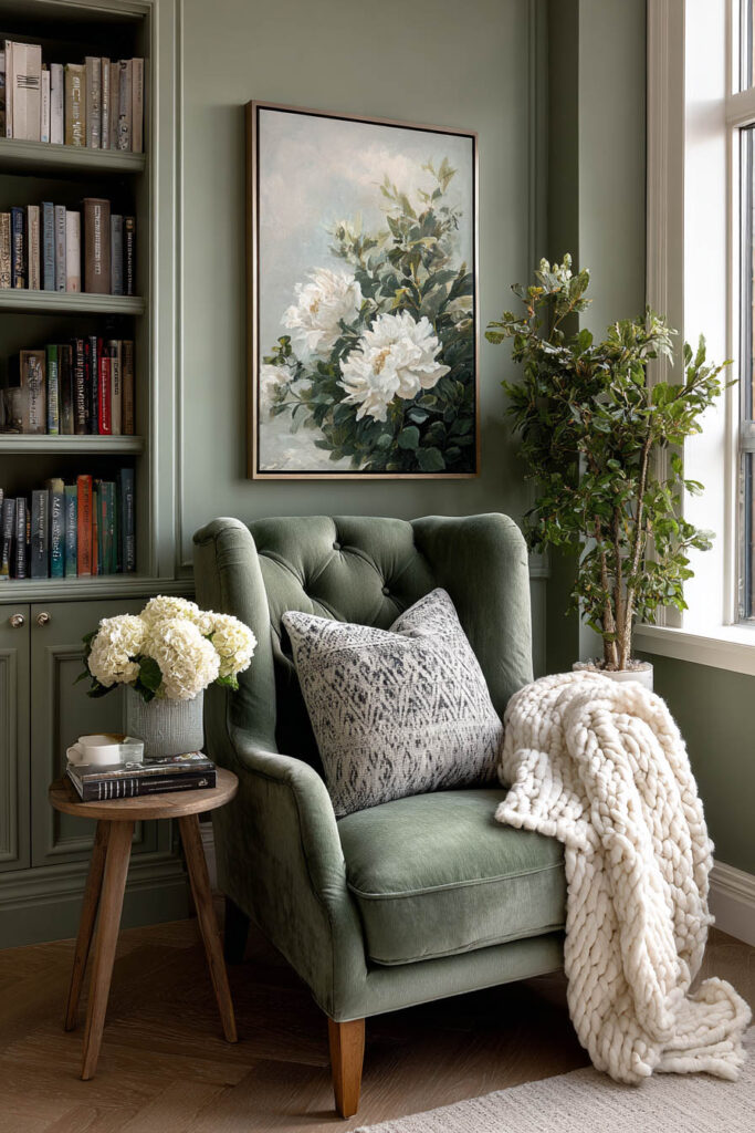 A cozy reading nook with a tufted sage green armchair, chunky knit throw, floral wall art, and built-in bookshelf beside a large window.