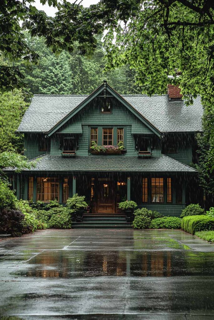 Dark green Craftsman house in the rain with glowing windows and lush garden landscaping.