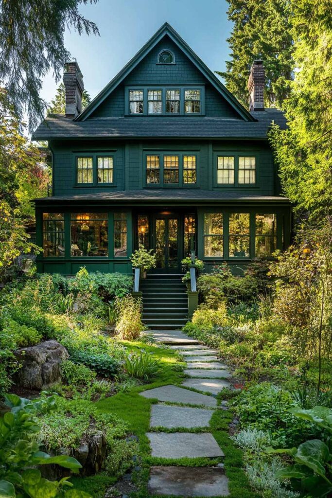 Forest green craftsman-style house with stone path and lush garden surrounded by trees.