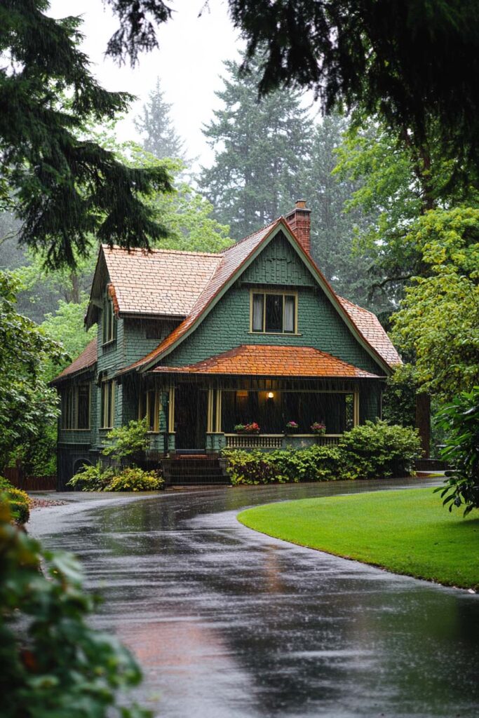 Forest-green cottage with cedar shingles and wraparound porch on a rainy day surrounded by trees.