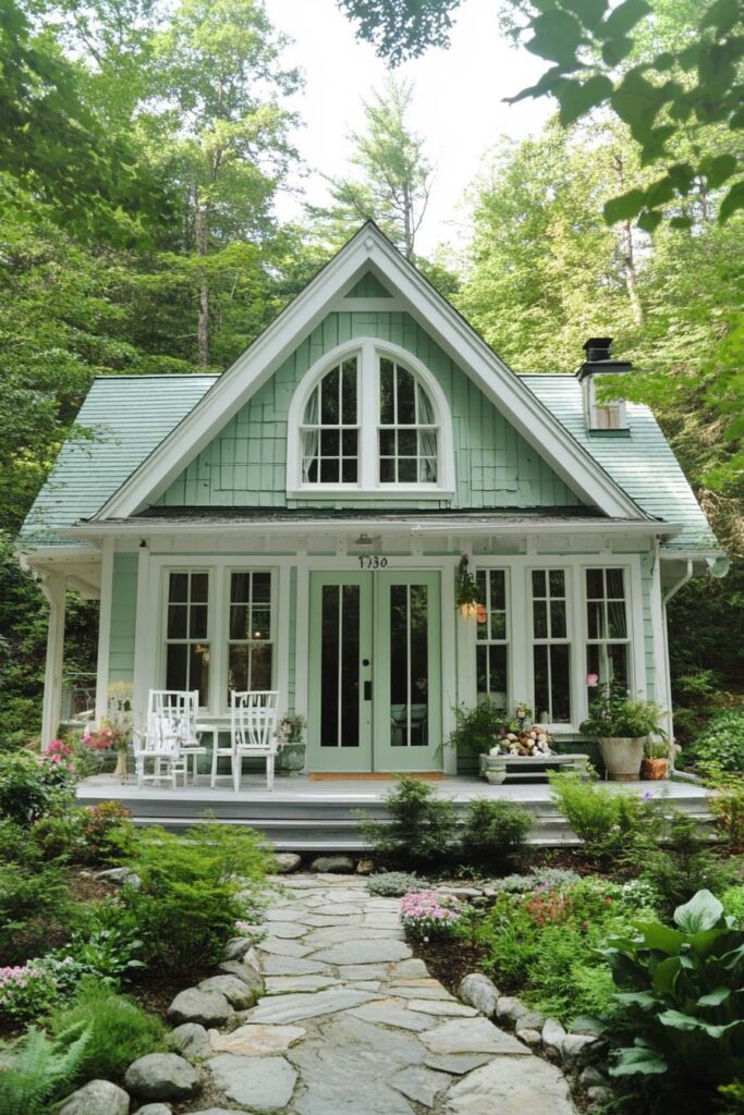 Mint green cottage with white trim, arched windows, and stone garden path surrounded by woodland greenery.