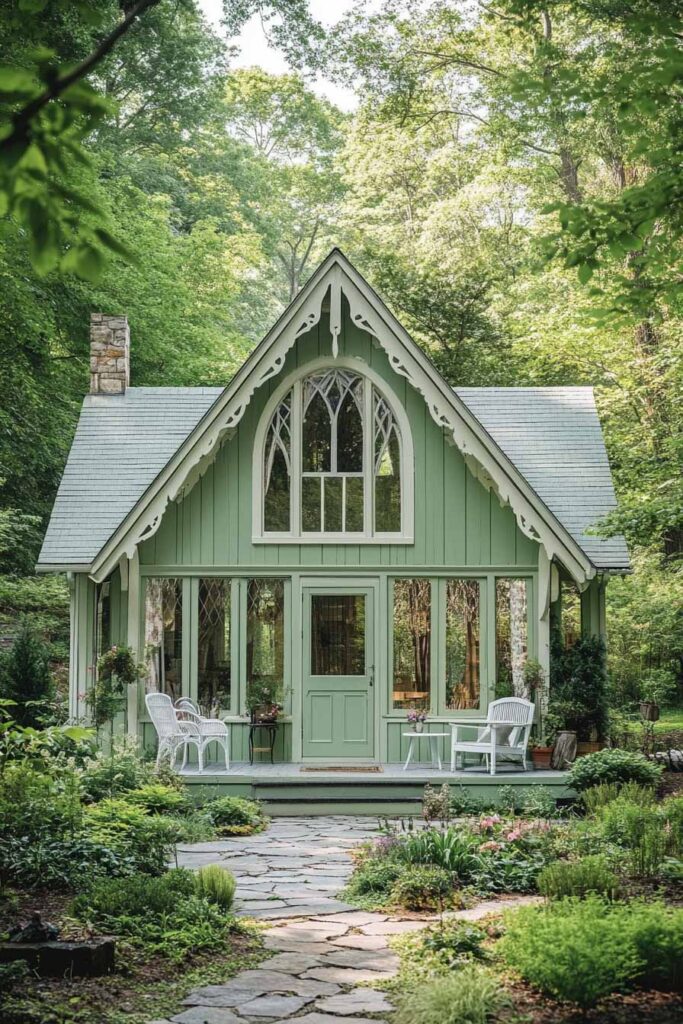 Light-green cottage with arched windows, ornate trim, and garden path surrounded by forest trees.