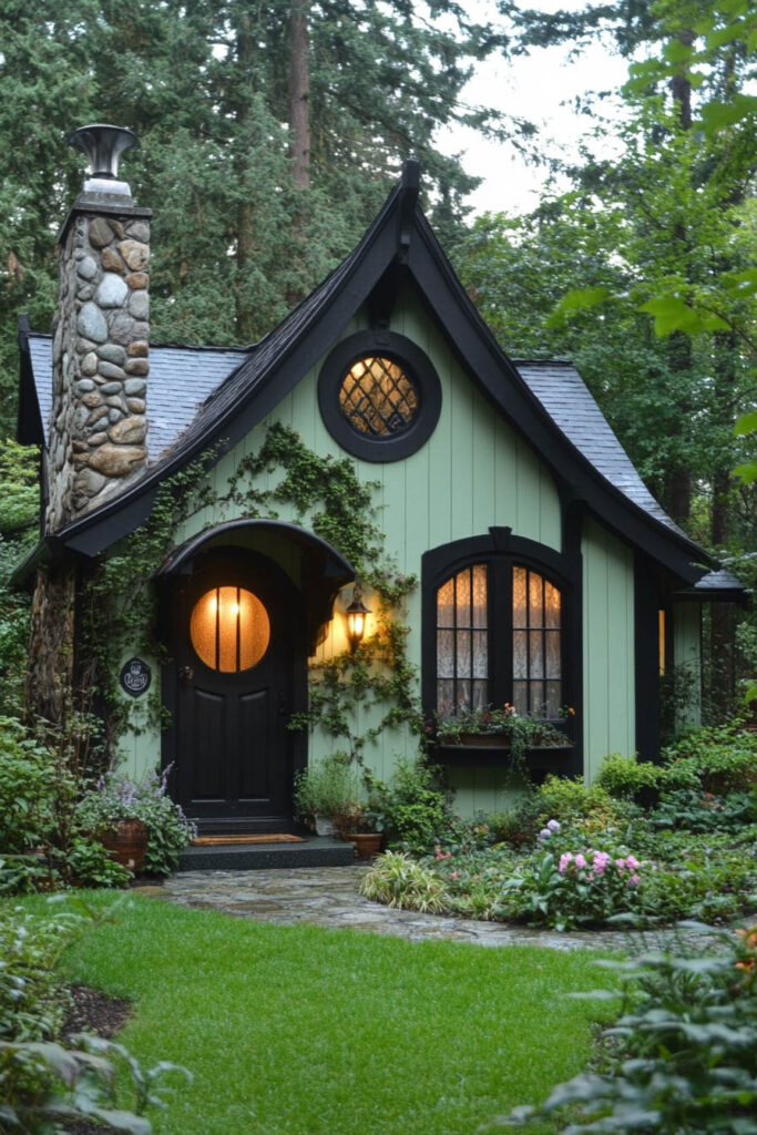 Sage green storybook cottage with curved roof, round windows, stone chimney, and forest garden.