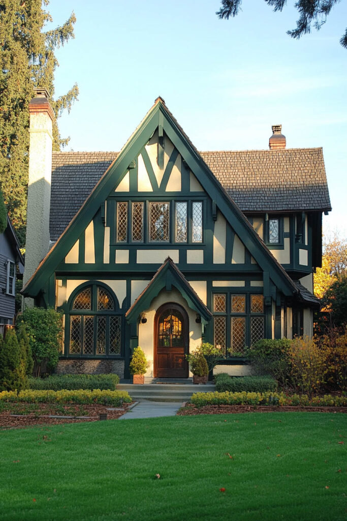 Dark green Tudor-style house with cream stucco, leaded windows, and wood accents.