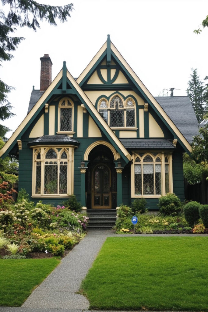 Dark-green Gothic Revival home with cream trim, arched windows, and landscaped garden.