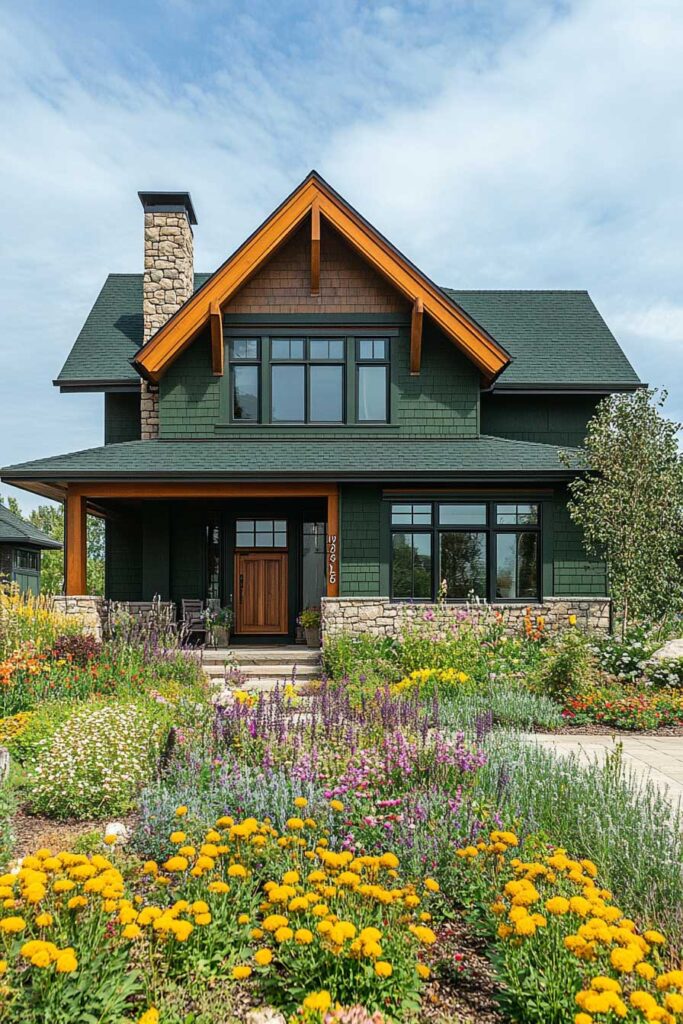 Green craftsman home with wood trim, stone accents, and colorful flower garden.