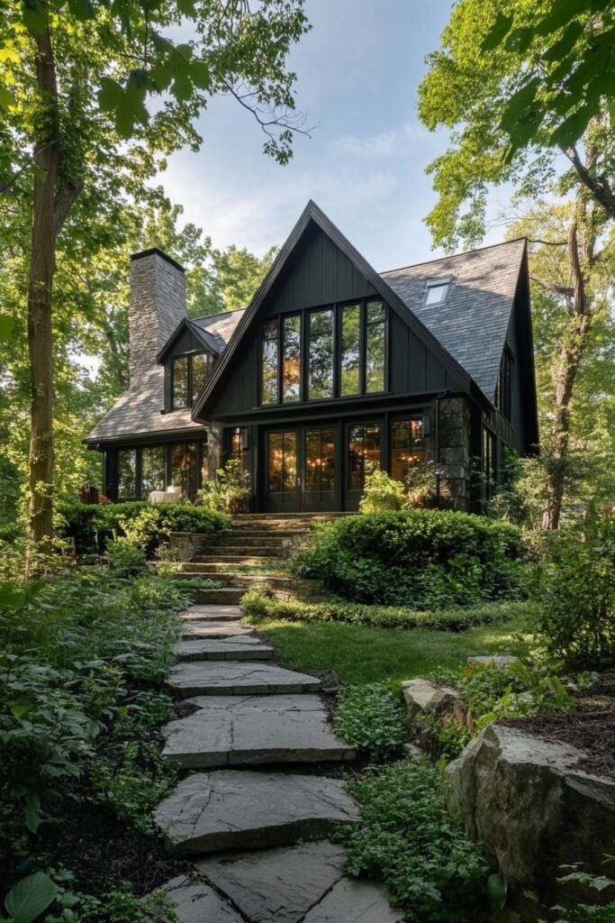 Modern dark-green A-frame house with large windows, stone chimney, and a winding stone pathway surrounded by lush forest landscaping.