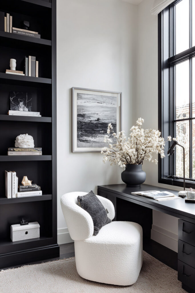 Modern black and white home office with built-in shelving, black desk, boucle chair, monochrome art, and a black vase with white flowers near a large window.