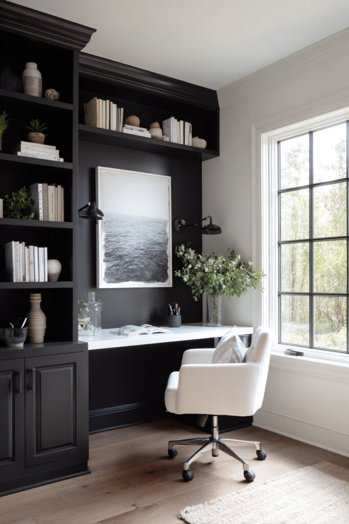 Black and white home office with black built-in shelves, white floating desk, light wood floors, cream swivel chair, and large window with black trim letting in natural light.