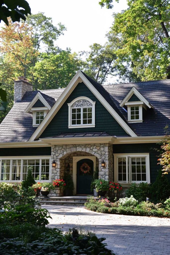 Forest green cottage with stone exterior, cream trim, arched entry, and colorful flower planters surrounded by garden landscaping and tall trees.