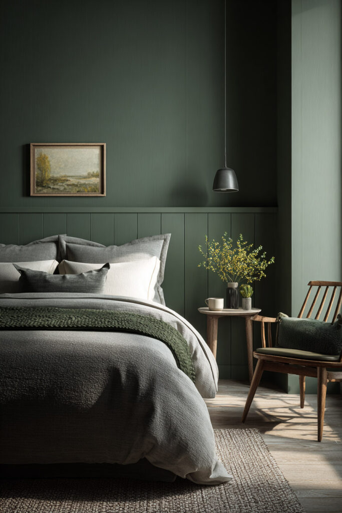 Minimalist sage green bedroom with gray bedding, wood furniture, and soft natural lighting for a calm modern aesthetic.