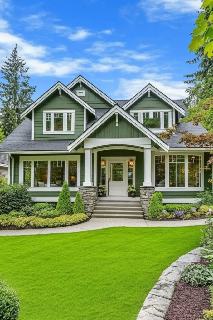 Modern craftsman green house with white trim, stone columns, large windows, and manicured lawn under a bright blue sky.