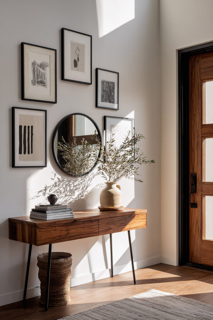 Modern entryway with wood console table, round mirror, and black-framed abstract art gallery wall in natural light.