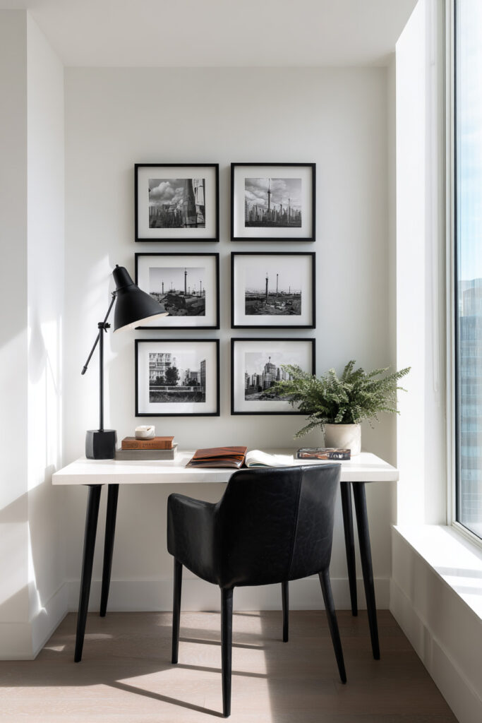 Modern home office with a black-and-white grid gallery wall of cityscape photos, white desk with books and lamp, black chair, and large window with natural light.