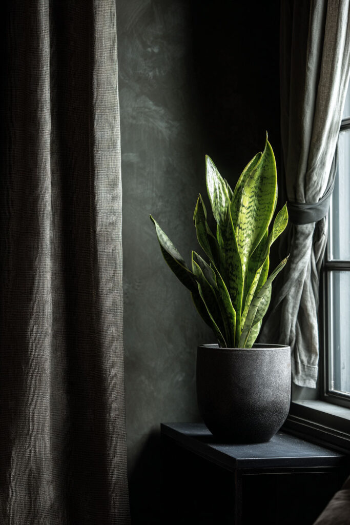 Modern dark-toned interior with snake plant in black pot by a window, featuring moody lighting and textured gray curtains.