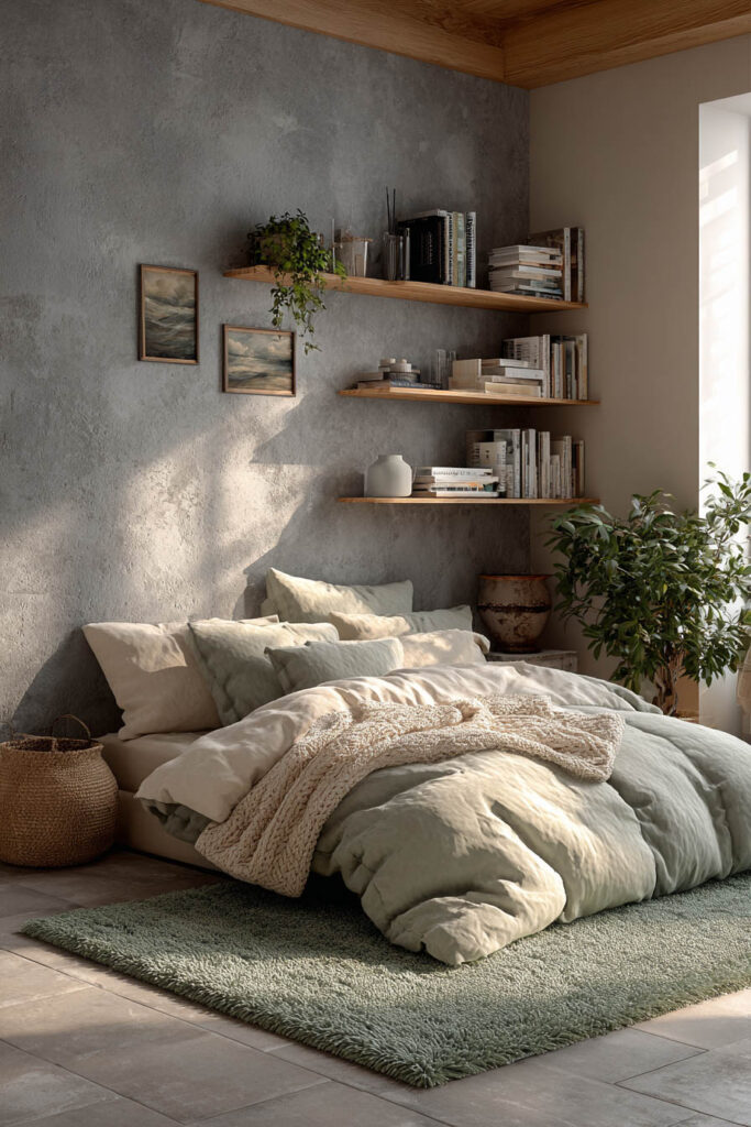 A minimalist sage green bedroom with a cozy bed layered in linen bedding, a sage rug underfoot, wooden shelves with books and plants, and sunlight streaming through a nearby window.