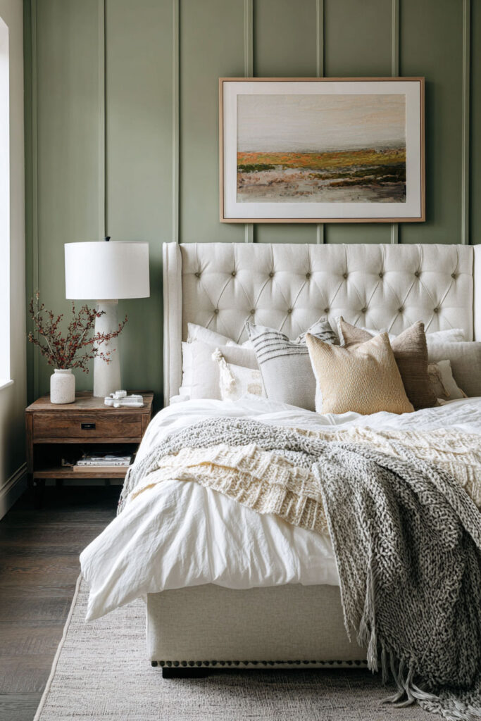 Sage green bedroom with board-and-batten accent wall, tufted cream headboard, and layered knit blankets in neutral tones for a cozy, inviting look.