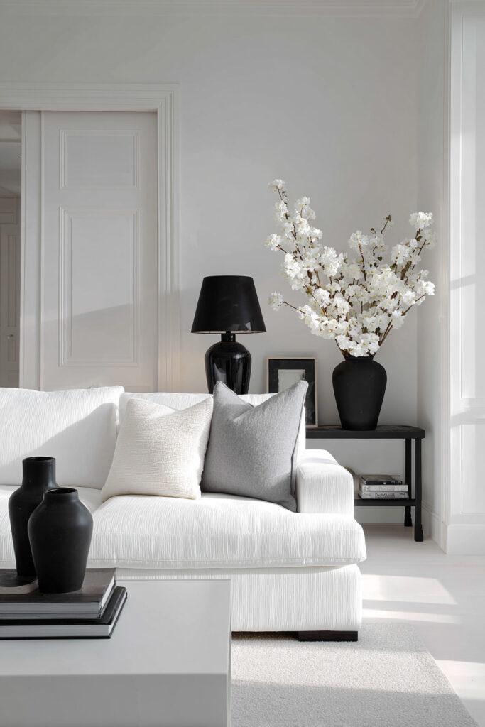 Bright black and white living room with a white sofa, black vases, black table lamp, and a large floral arrangement adding contrast and softness.