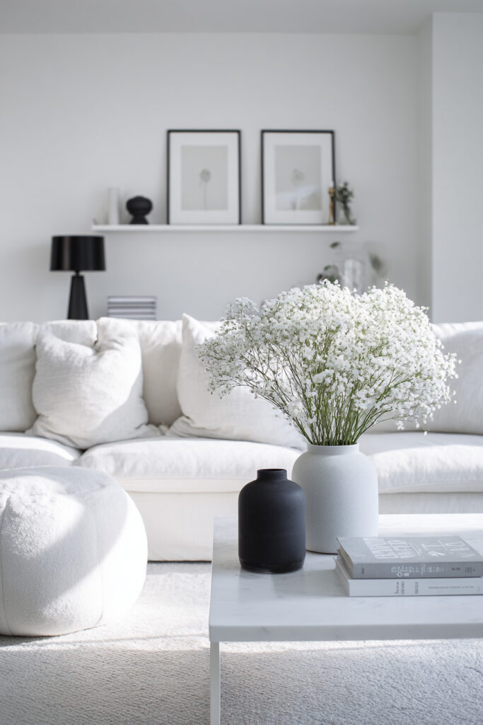 Black and white minimalist living room with white sectional sofa, marble coffee table, black and white vases, baby’s breath floral arrangement, and soft natural light.