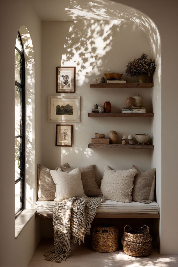 Cozy reading nook with framed botanical prints, floating wood shelves with pottery and books, neutral throw pillows, and sunlight filtering through an arched window.