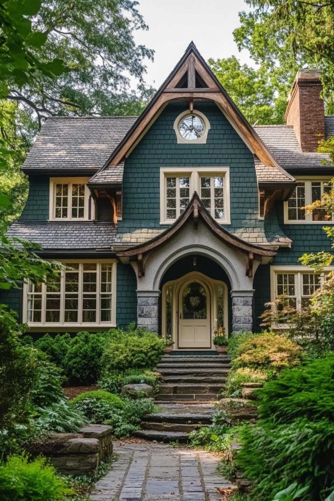 Deep green cottage with shingle siding, arched doorway, stone entry, cream trim, and lush woodland garden landscaping.