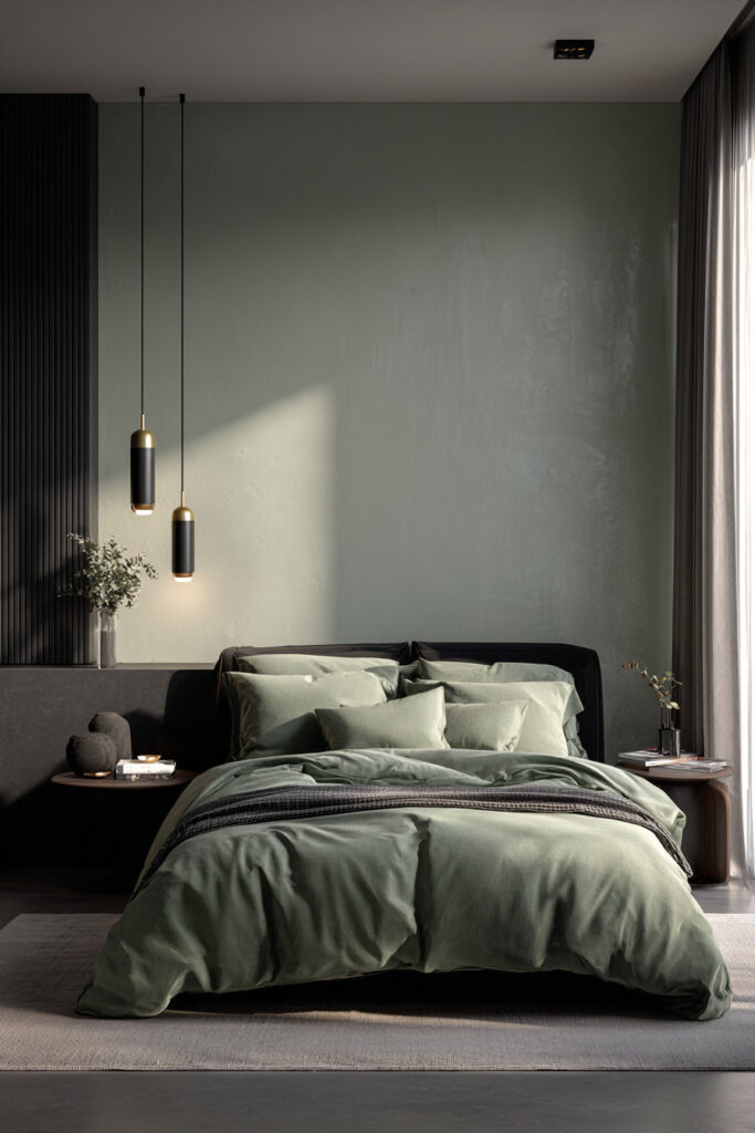 Modern sage green bedroom with black accent wall, minimalist pendant lighting, and layered sage bedding for a calm yet dramatic look.