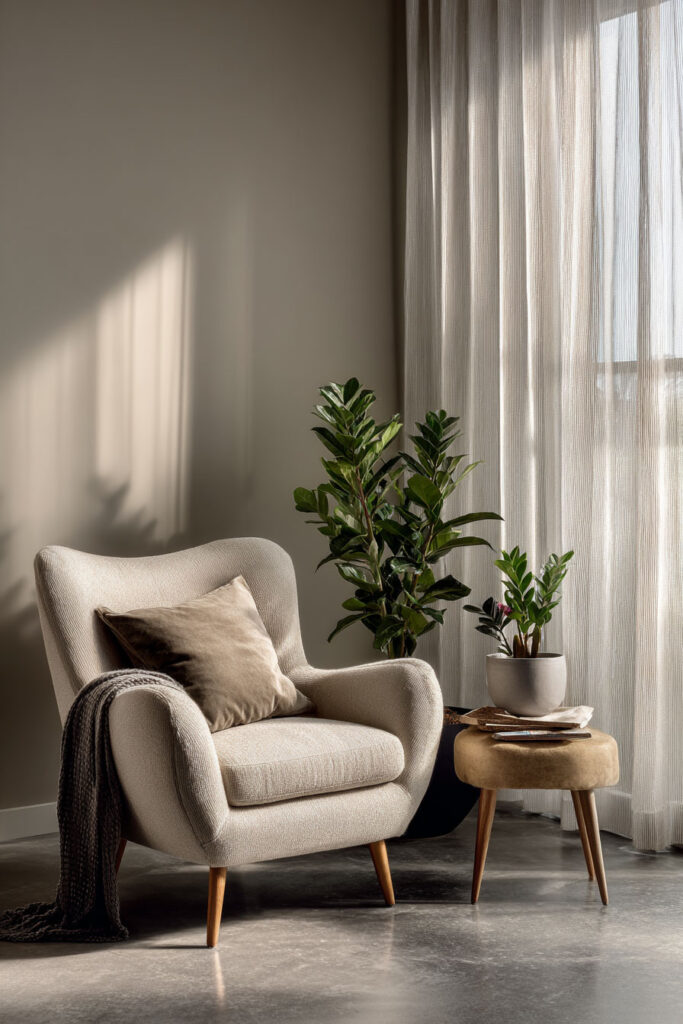 Neutral living room corner with cozy armchair, indoor plants by window, soft sunlight, and natural textures for a calm, modern look.