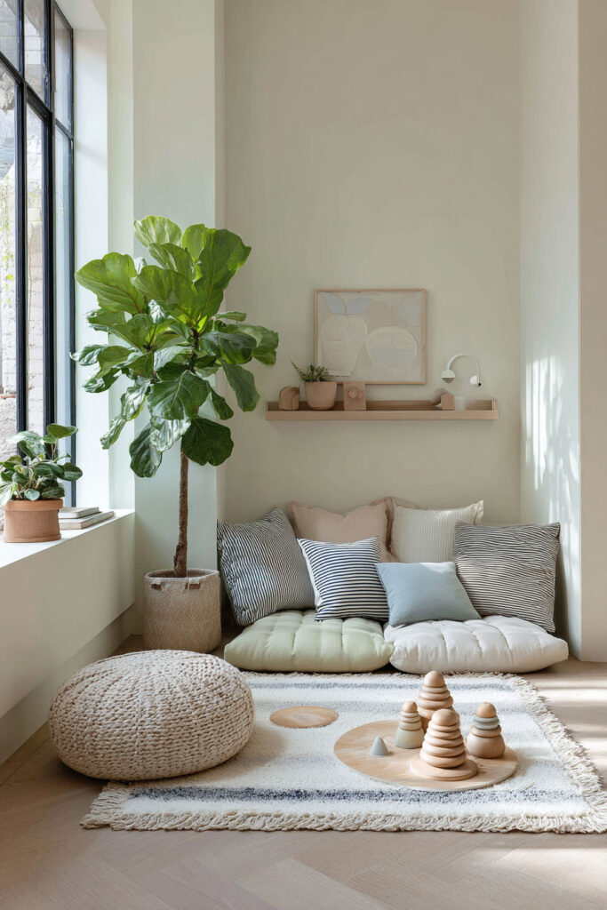 Cozy reading nook with fiddle leaf fig by large window, neutral cushions, and natural light creating a calm minimalist vibe.