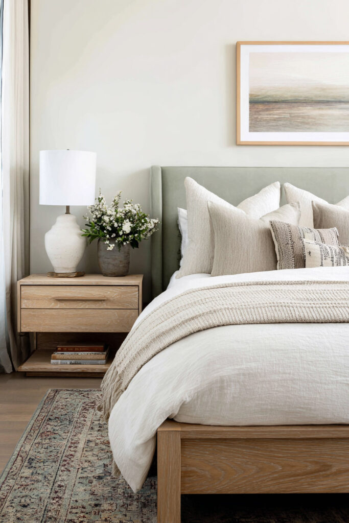 Light neutral bedroom with sage green bed frame, linen bedding, and wooden nightstand styled with fresh white flowers.