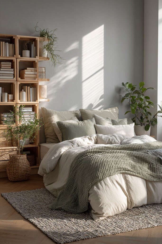 A minimalist sage green bedroom with a textured throw blanket, neutral bedding, wooden shelving, and potted plants illuminated by soft morning light through a large window.