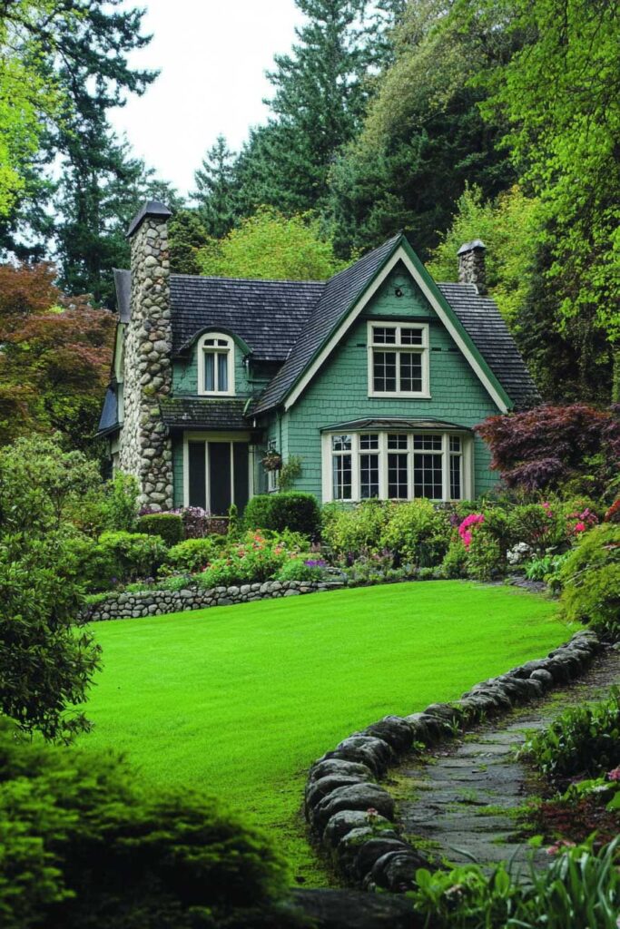 Sage green cottage with stone chimney, shingle siding, and lush flower gardens surrounded by trees and a vibrant green lawn.